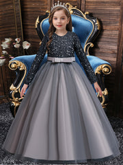 Girls Long Sleeve Tulle Sequined Ball Gown Dress