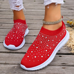 Women's Rhinestone Slip on Sneakers Breathable Low Top Shoes
