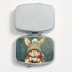 Winter Bunny 2 Compartment Pill Organizer Metal Case