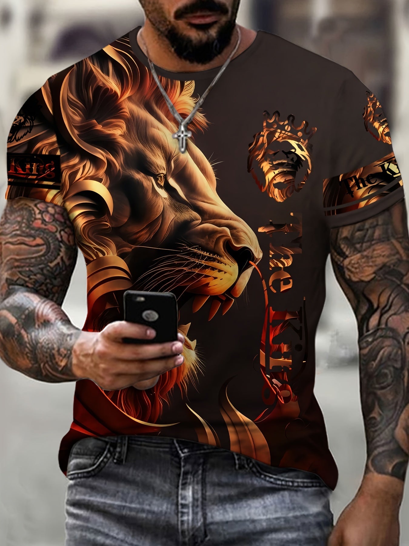 Men's Lion Graphic Print T Shirt Short Sleeve Comfortable Top