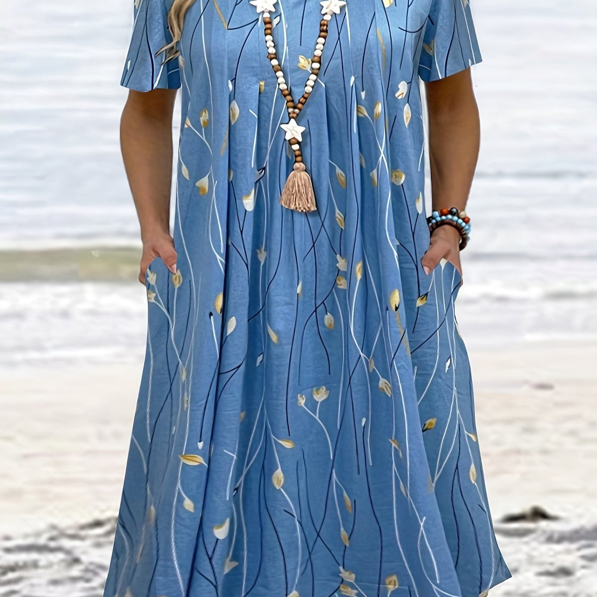  Leaf Print Short Sleeve Casual Dress With Pockets