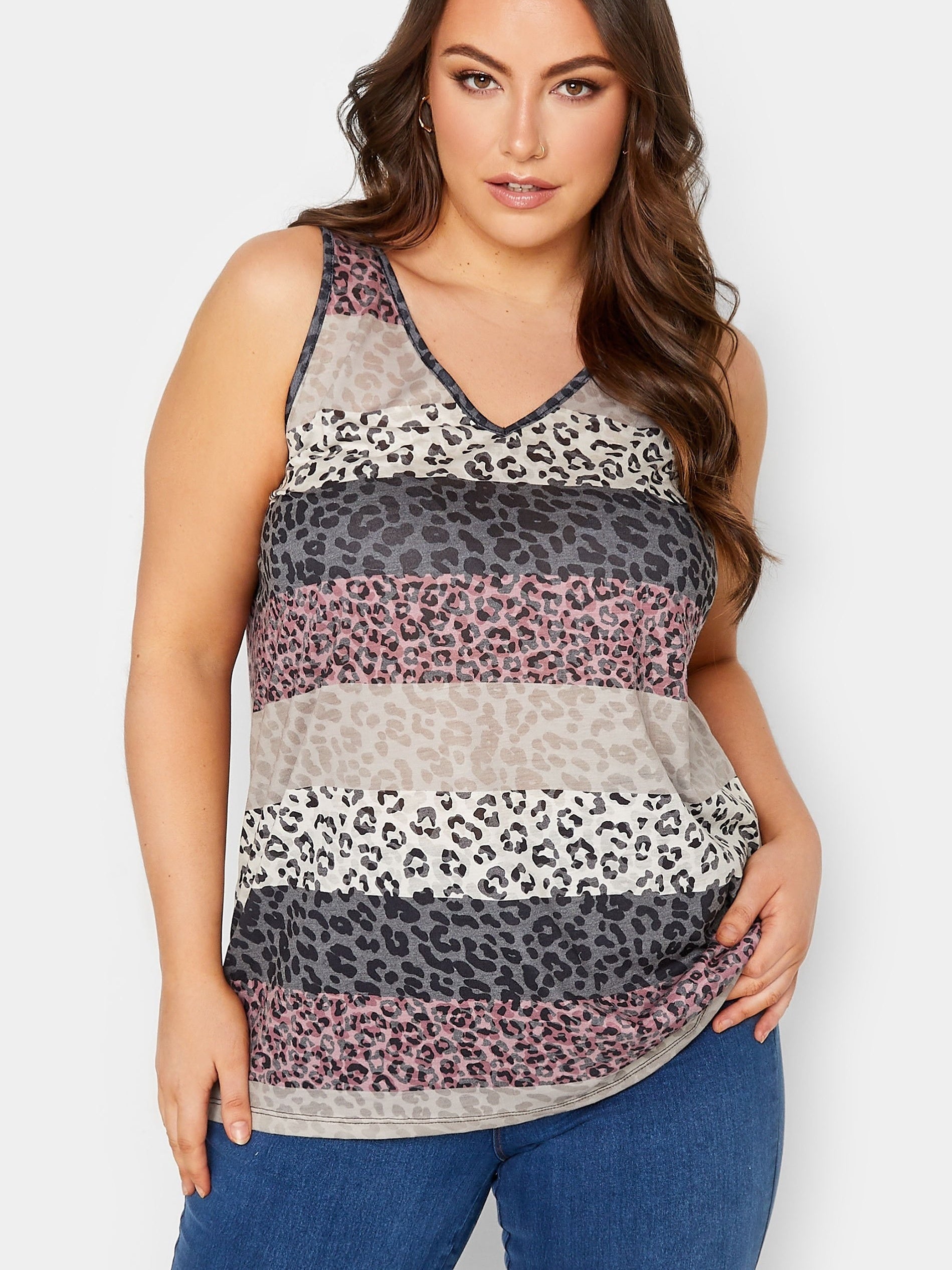  Colorblock Leopard Print V Neck Tank Top