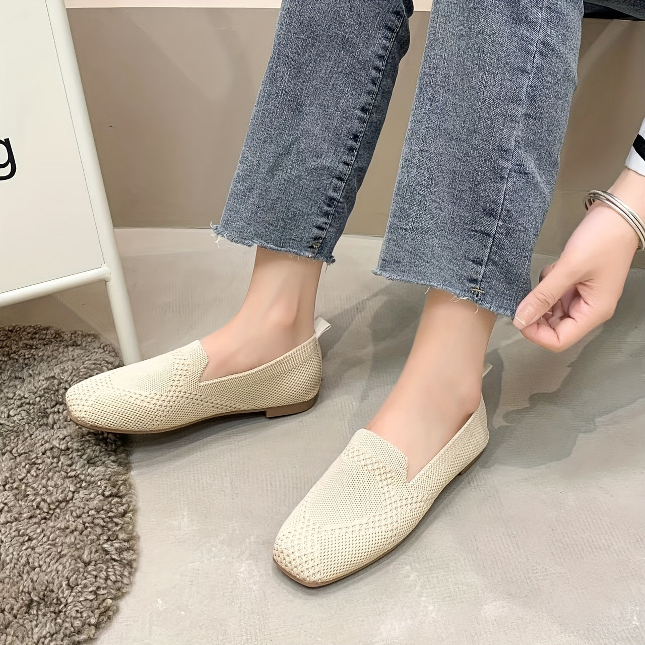 Women's Knitted Square Toe Slip-On Shoes Comfy & Versatile Flats