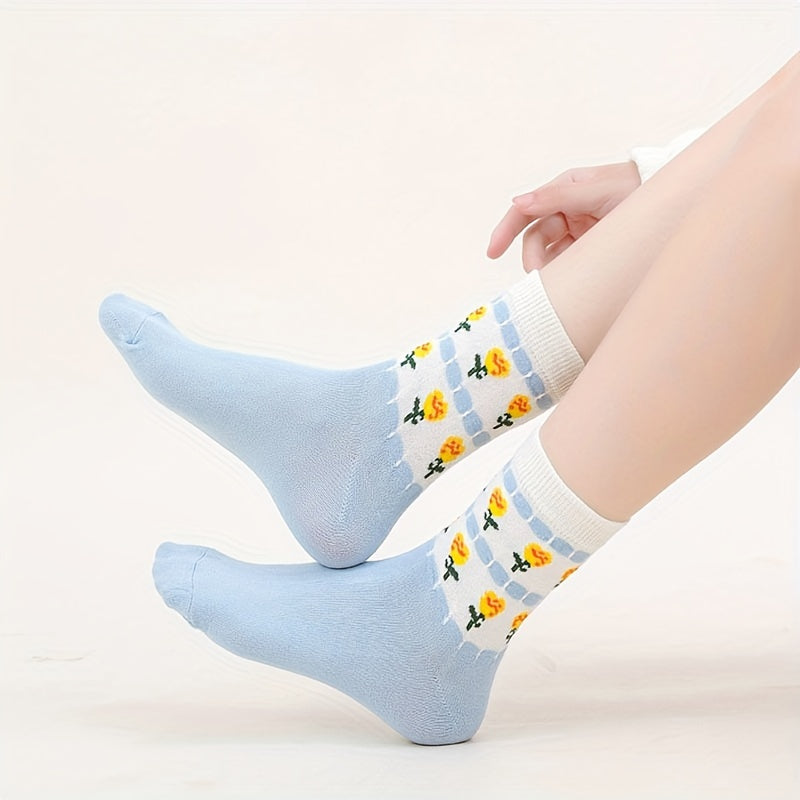 5 Pairs Floral Print Socks Comfy & Breathable Mid Tube Socks