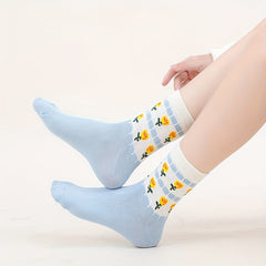 5 Pairs Floral Print Socks Comfy & Breathable Mid Tube Socks