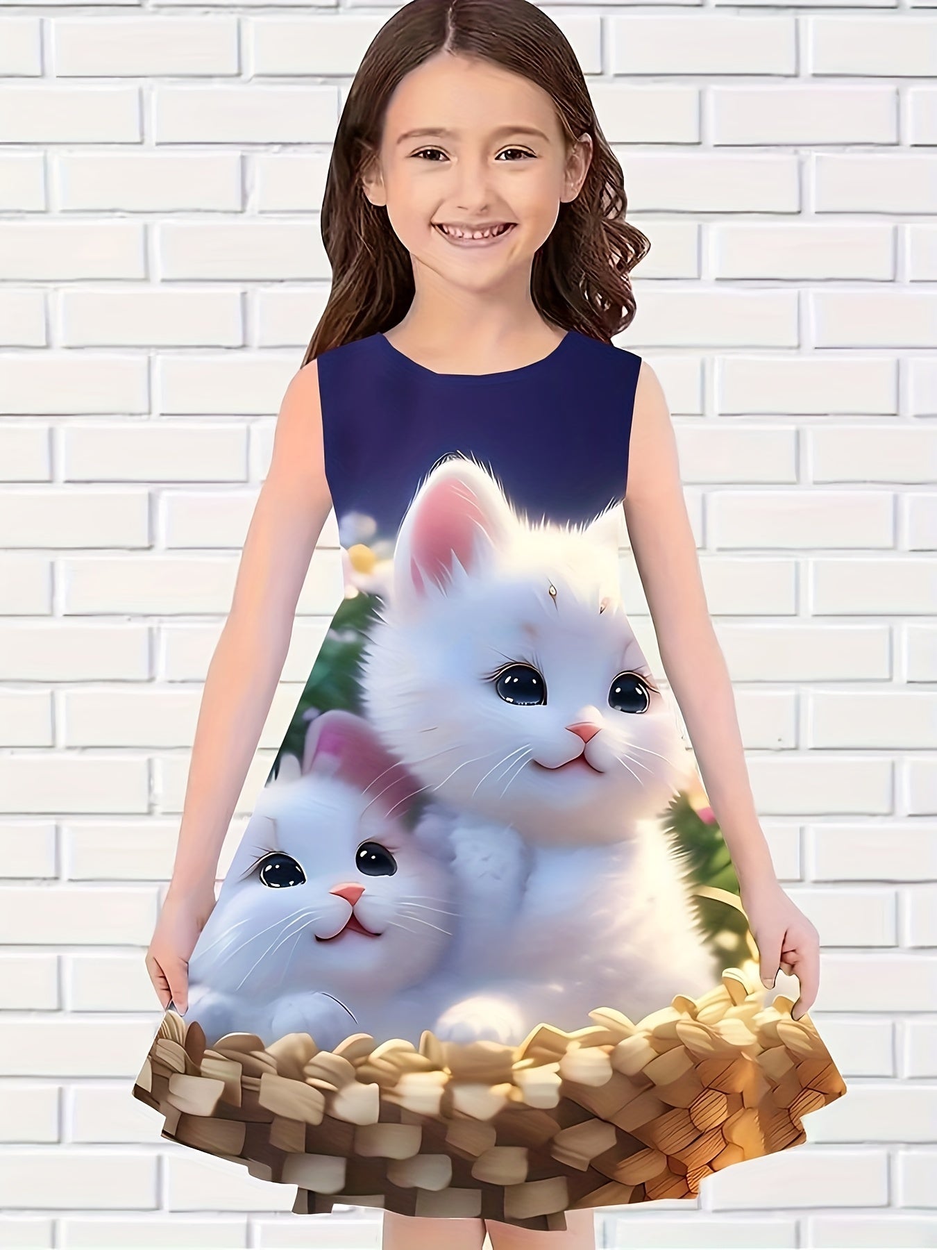 Girls Kitty Graphic Sleeveless Dress - Summer Party Gift