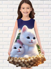 Girls Kitty Graphic Sleeveless Dress - Summer Party Gift