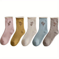 5 Pairs Floral Print Socks Comfy & Warm Mid Tube Socks Women's Stockings