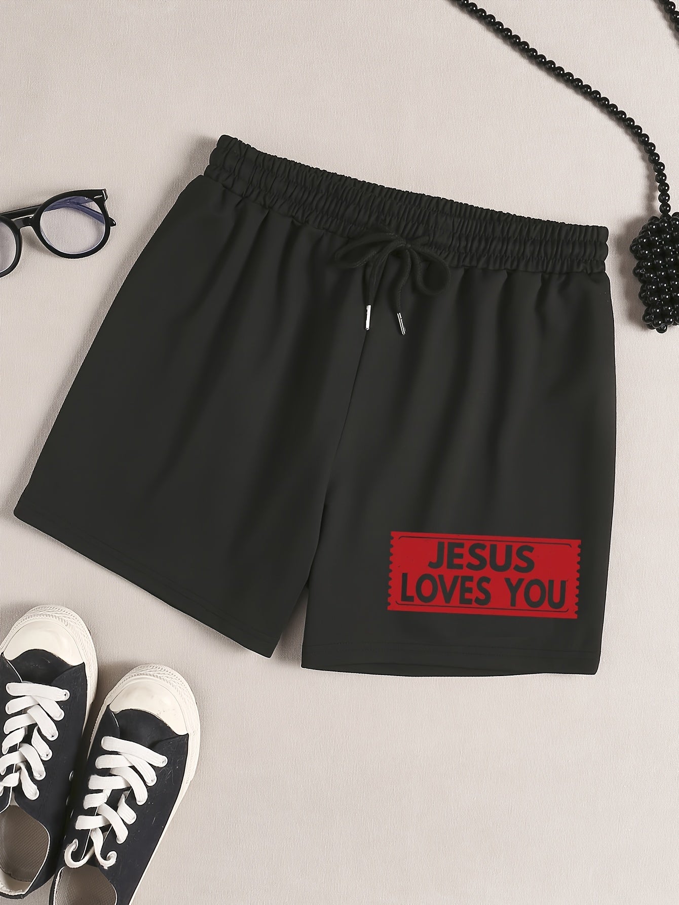 JESUS Letter Print Sleep Bottoms Casual Drawstring Lace Up Shorts