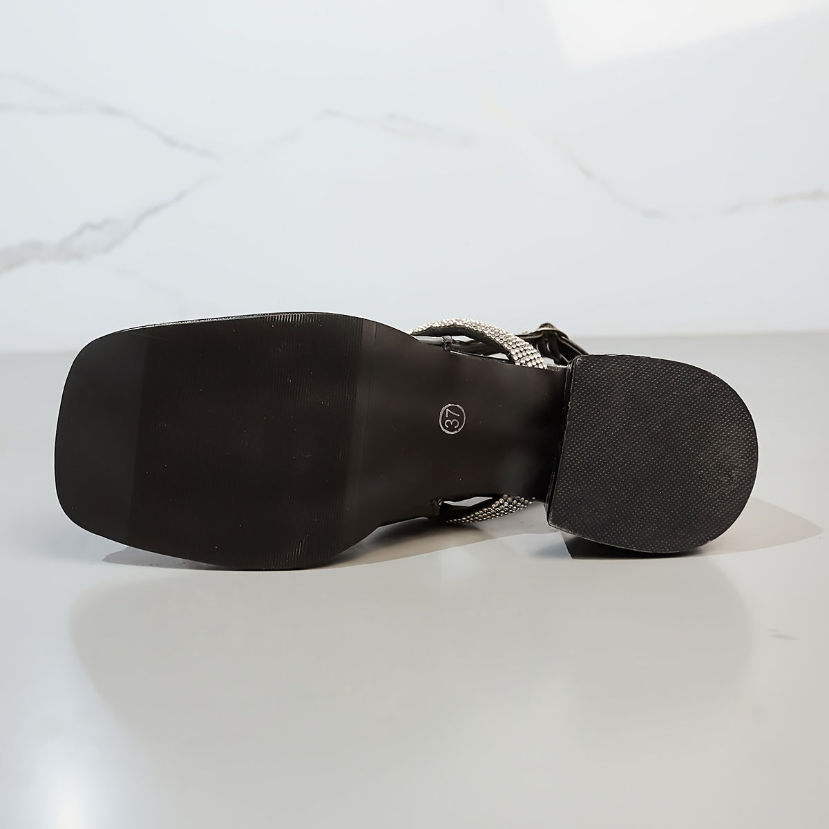 Women's Rhinestone Strap Chunky Heels Faux Leather Slingback Shoes