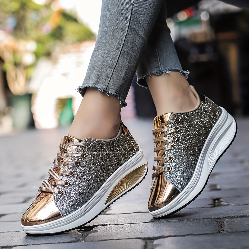 Women's Sequin Sparkly Wedge Lace Up Sneakers