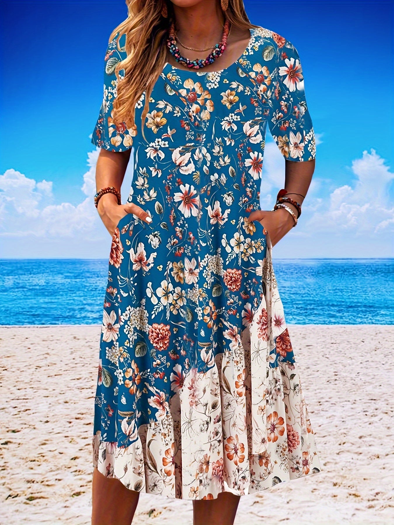 Floral Print Short Sleeve Round Neck Dress With Pockets