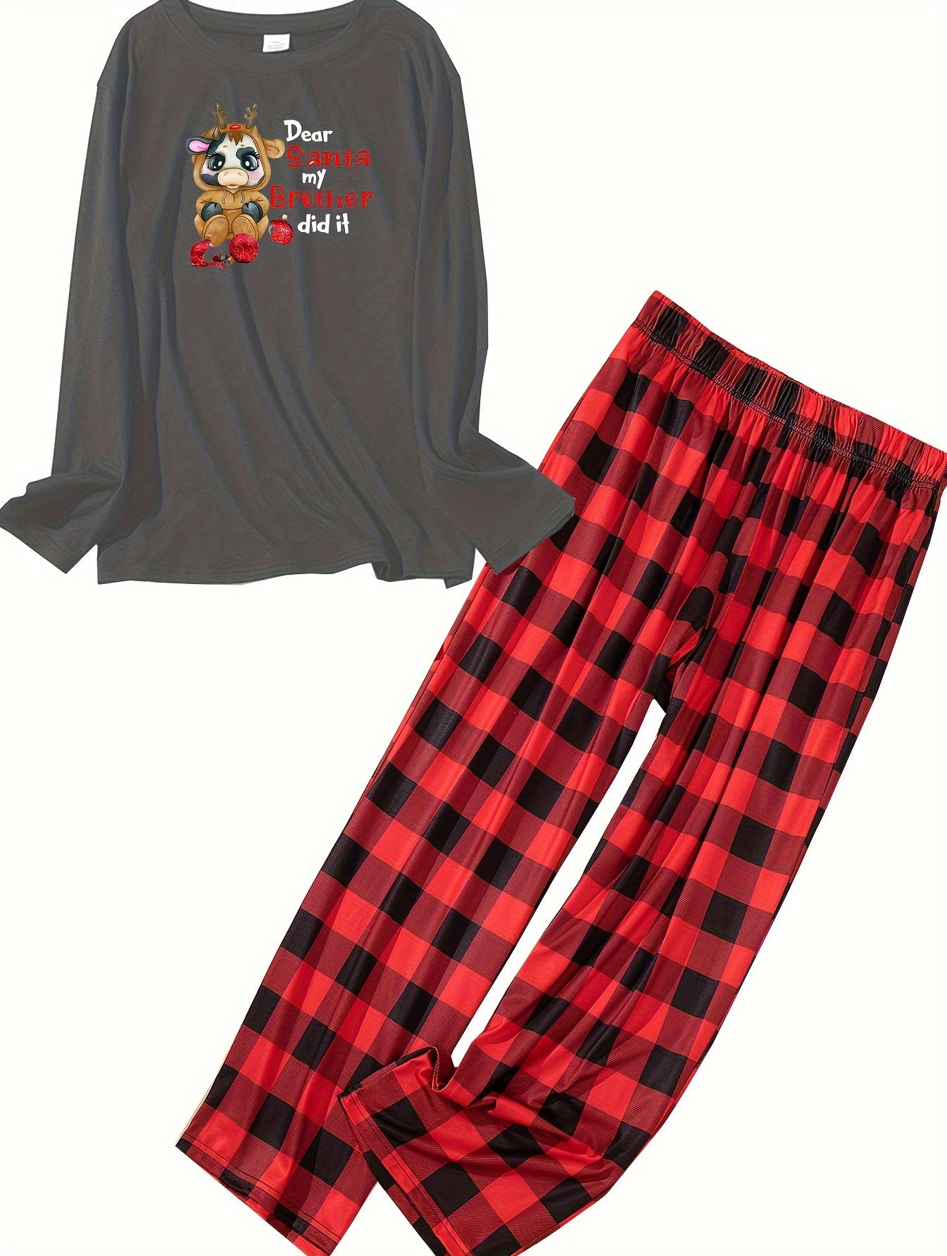 Women's Plus Christmas Cow & Letter Print Tee & Plaid Pants Pajamas Set