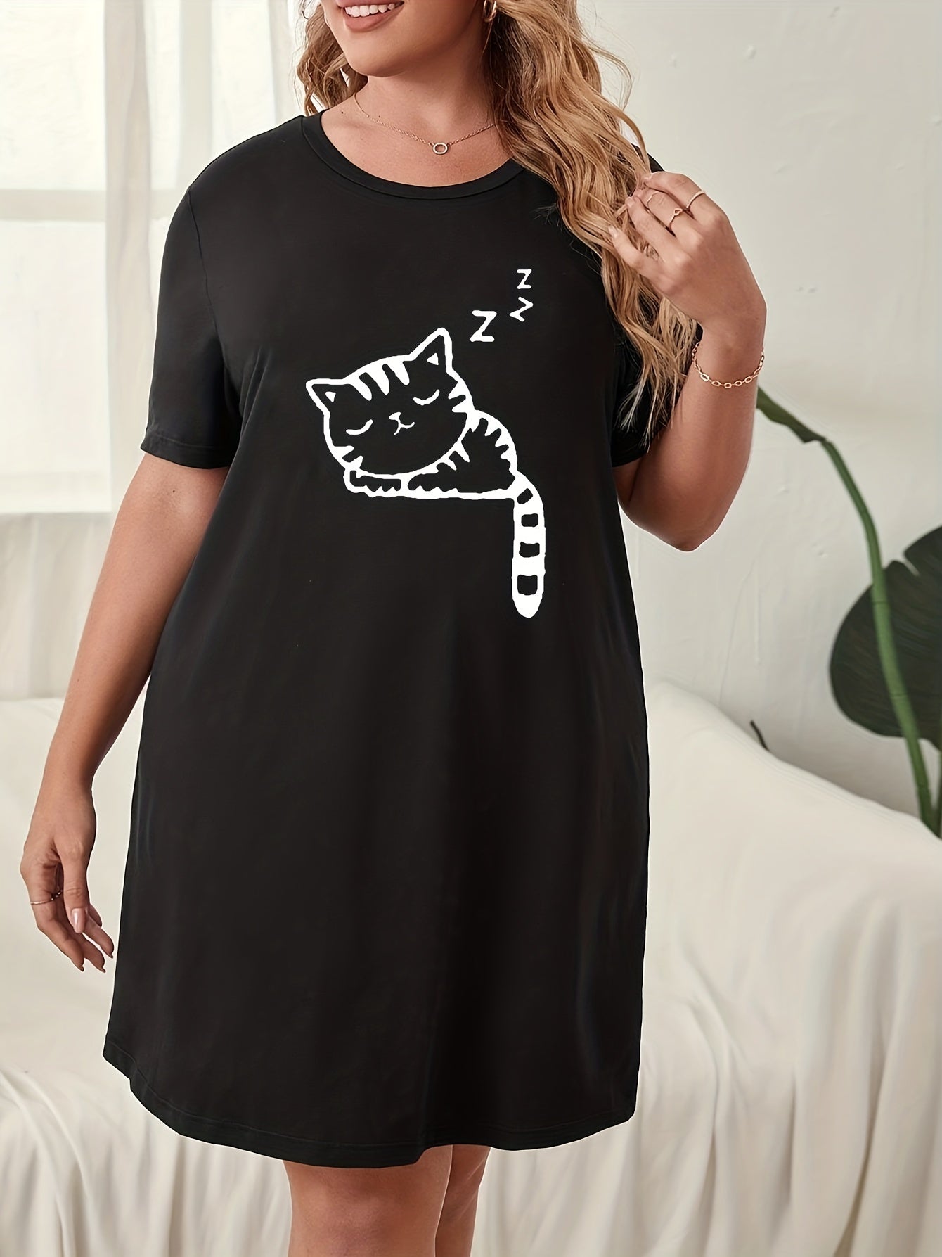  Cat Print Loungewear Dress Short Sleeve Round Neck Sleep Dress