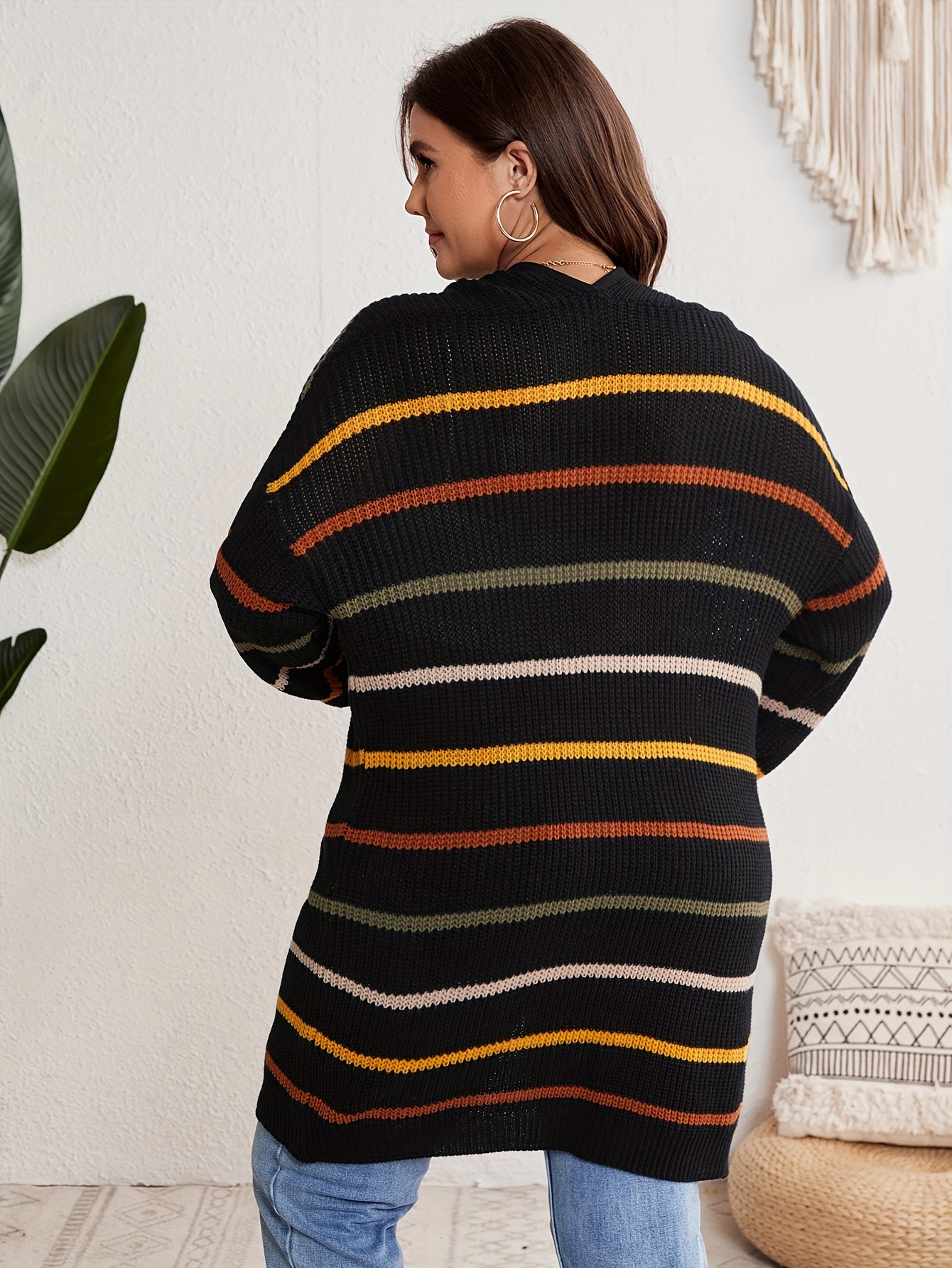  Striped Long Sleeve Open Front Cardigan