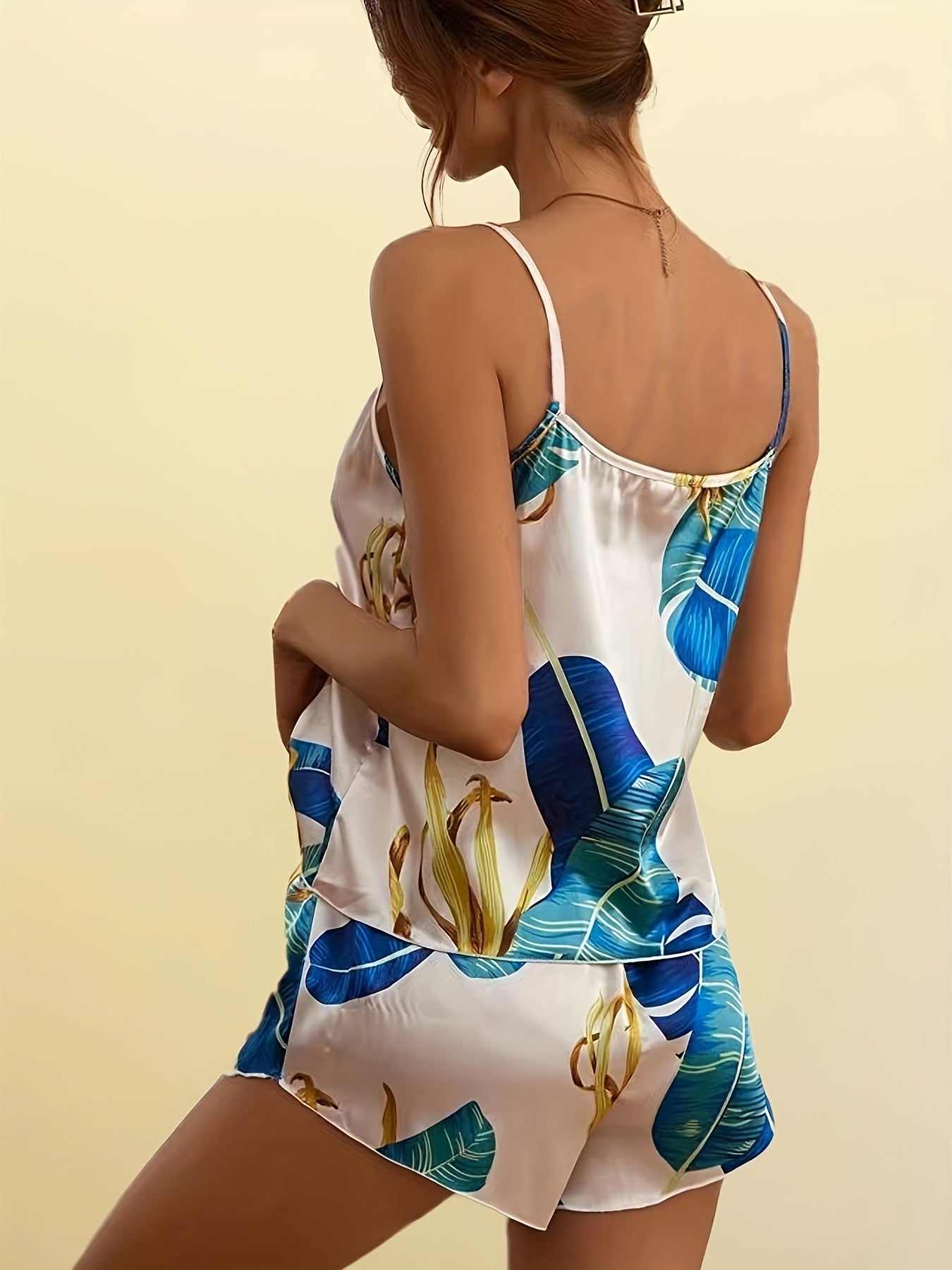 Leaf Print Pajama Set Cami Top & Shorts Women's Sleepwear