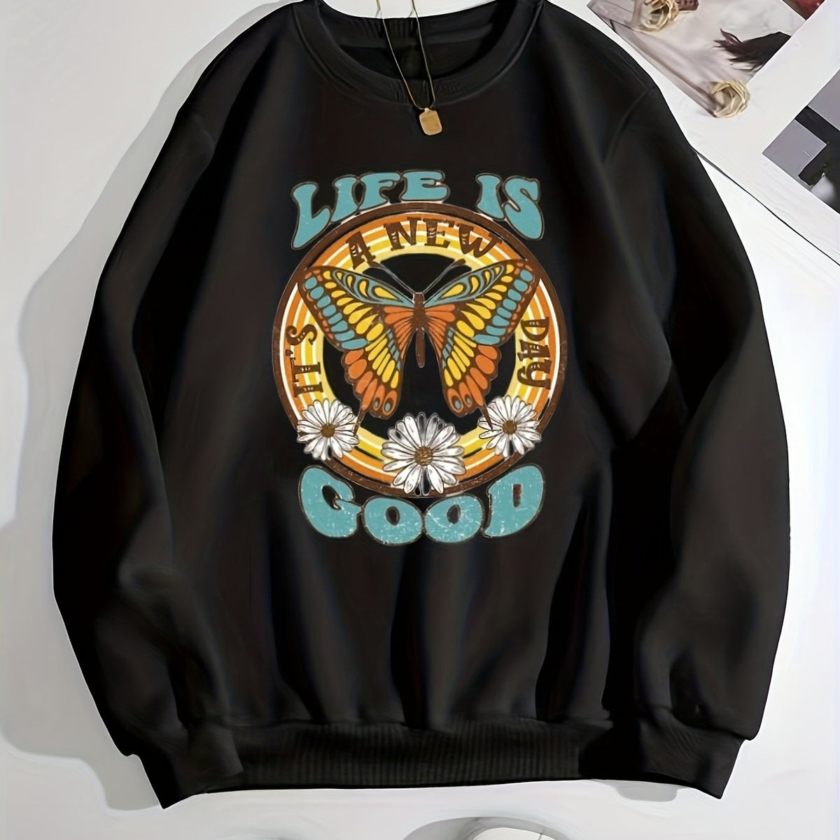 Butterfly & Letter Print Pullover Sweatshirt Fall/Winter Women's Clothing
