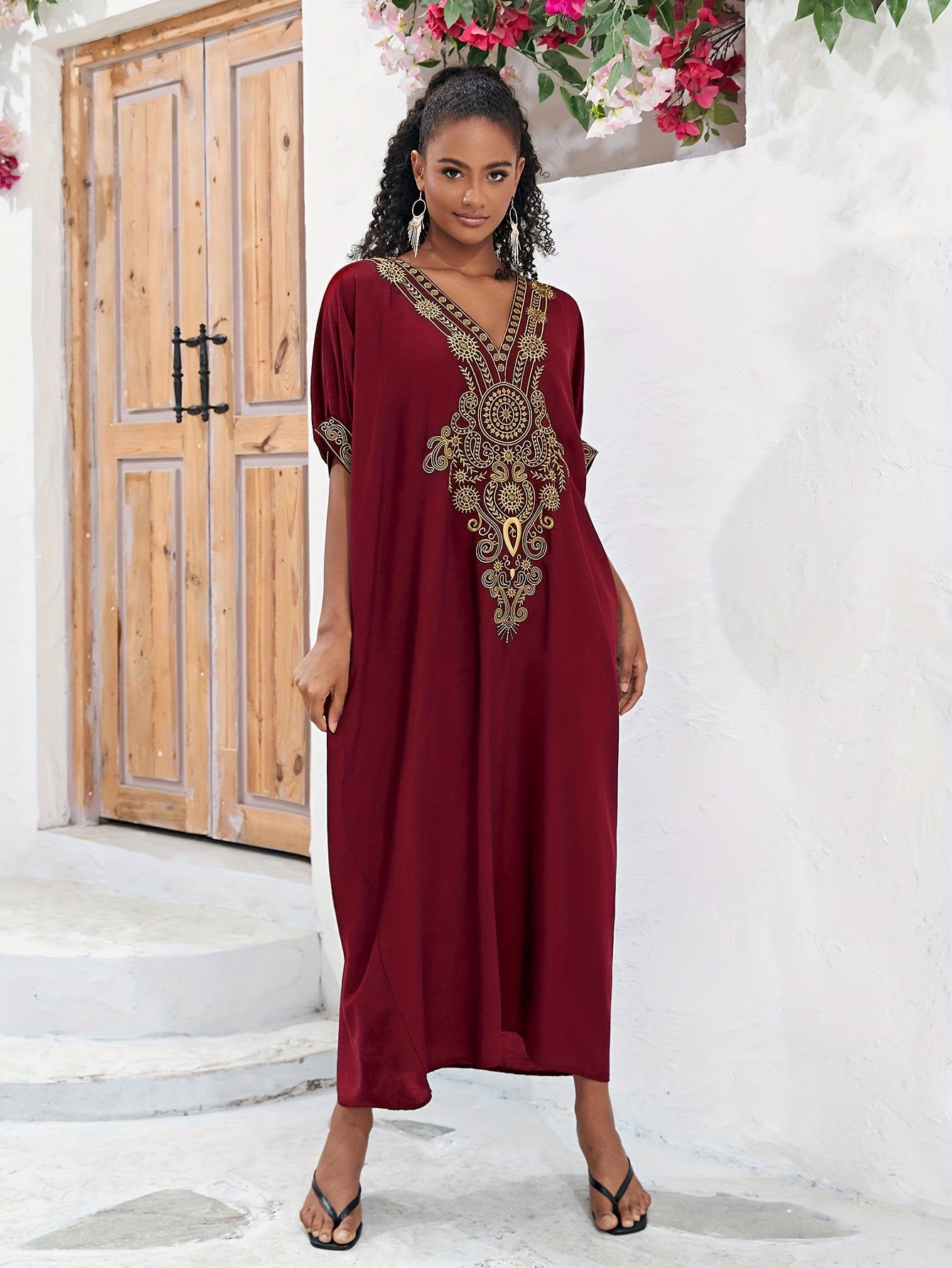  Boho Abaya Maxi Dress Women's Plus Batwing Sleeve V Neck Geometric