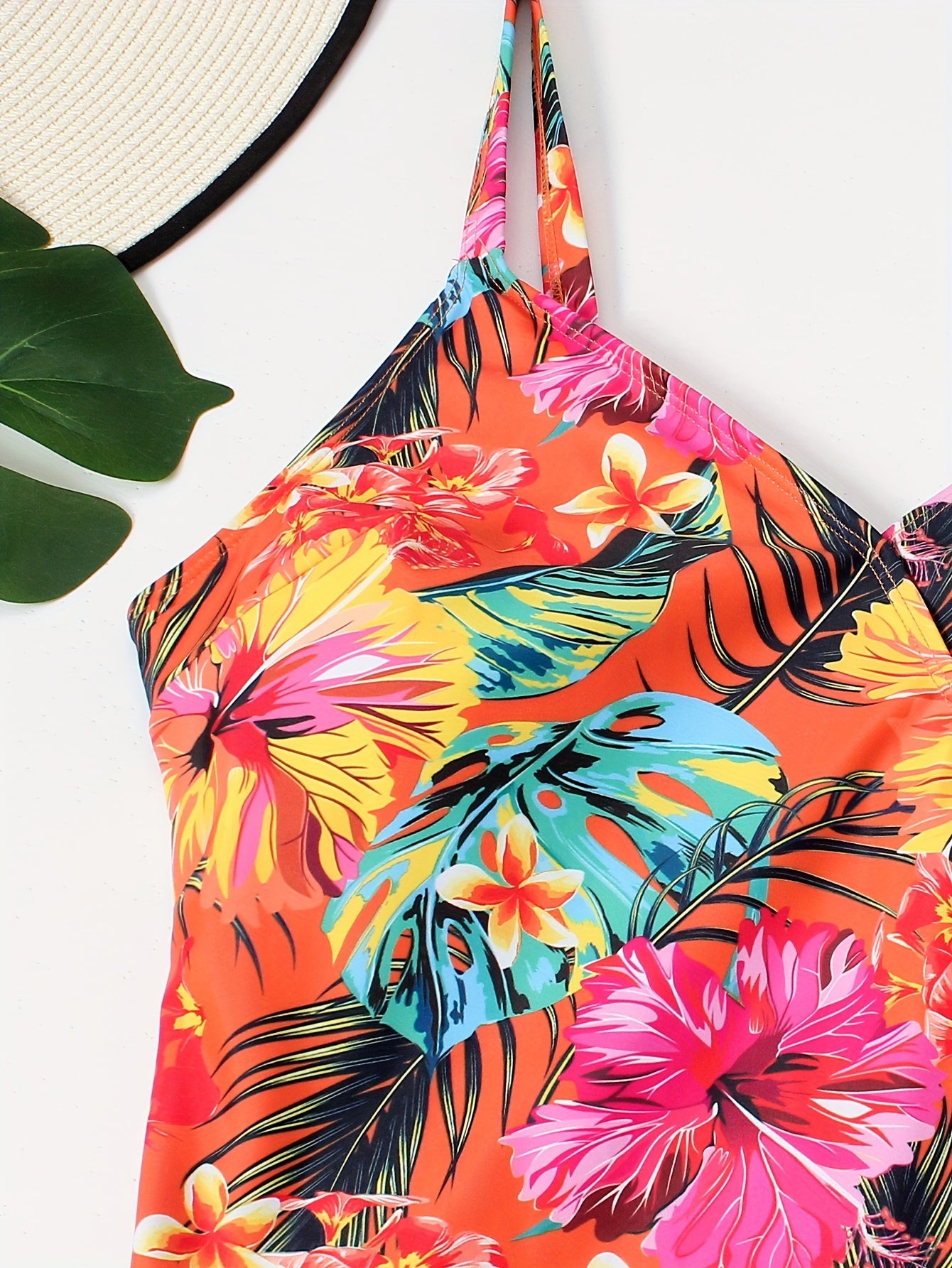  Boho Tankini Set Tropical Print V Neck Cami Top & Solid Panty Swimsuit