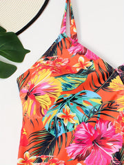  Boho Tankini Set Tropical Print V Neck Cami Top & Solid Panty Swimsuit