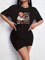 2pcs Anime Graphic Crew Neck Short Sleeve T shirts & Solid Shorts Set