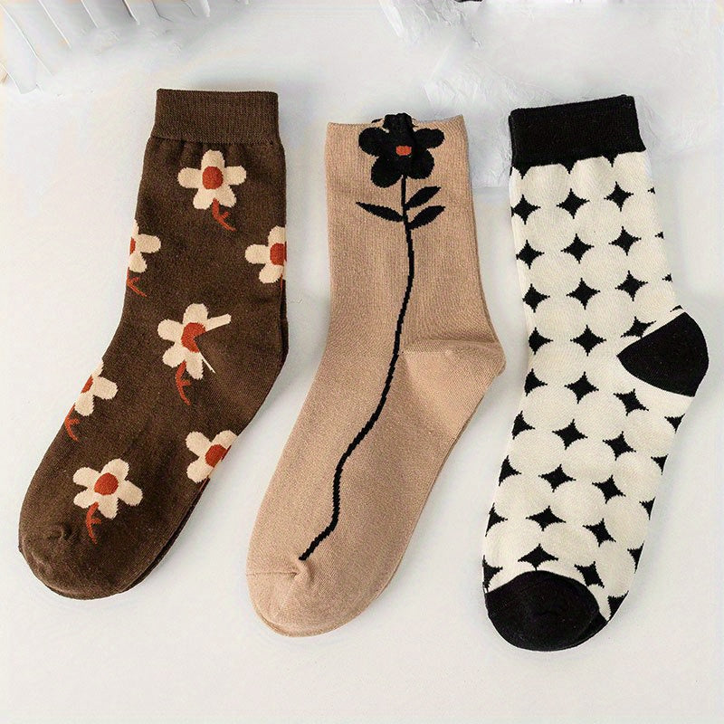 3 Pairs Floral & Cross Pattern Socks, Comfy & Breathable Women's Stockings