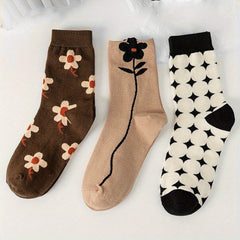 3 Pairs Floral & Cross Pattern Socks, Comfy & Breathable Women's Stockings