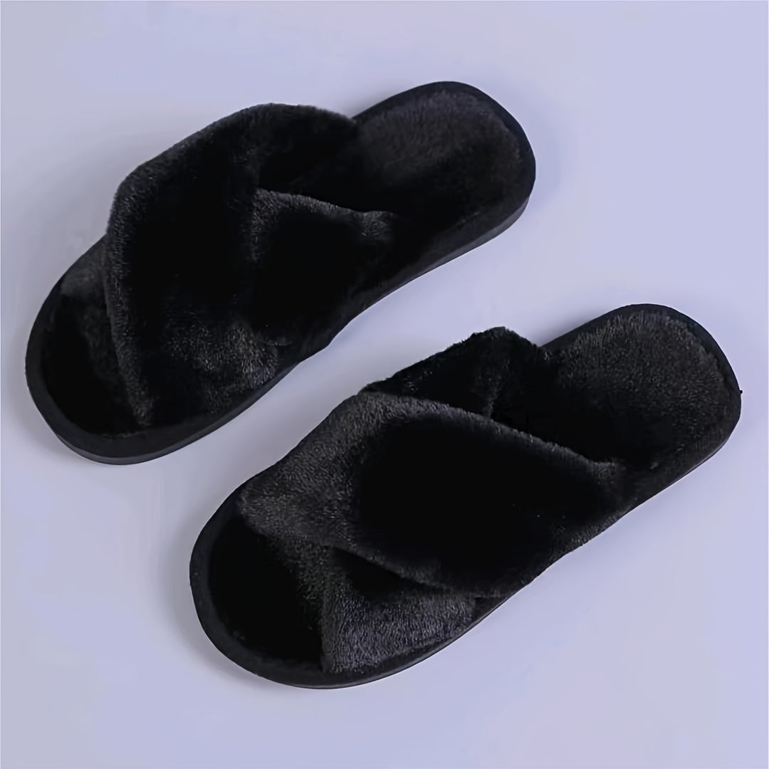 Women's Plush Criss Cross House Slippers Warm Fuzzy Fluffy Open Toe Home Slides
