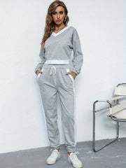  Colorblock Long Sleeve V Neck Crop Top & Joggers Set
