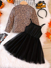 Girl's Mesh Sundress & Leopard Pattern Top Set