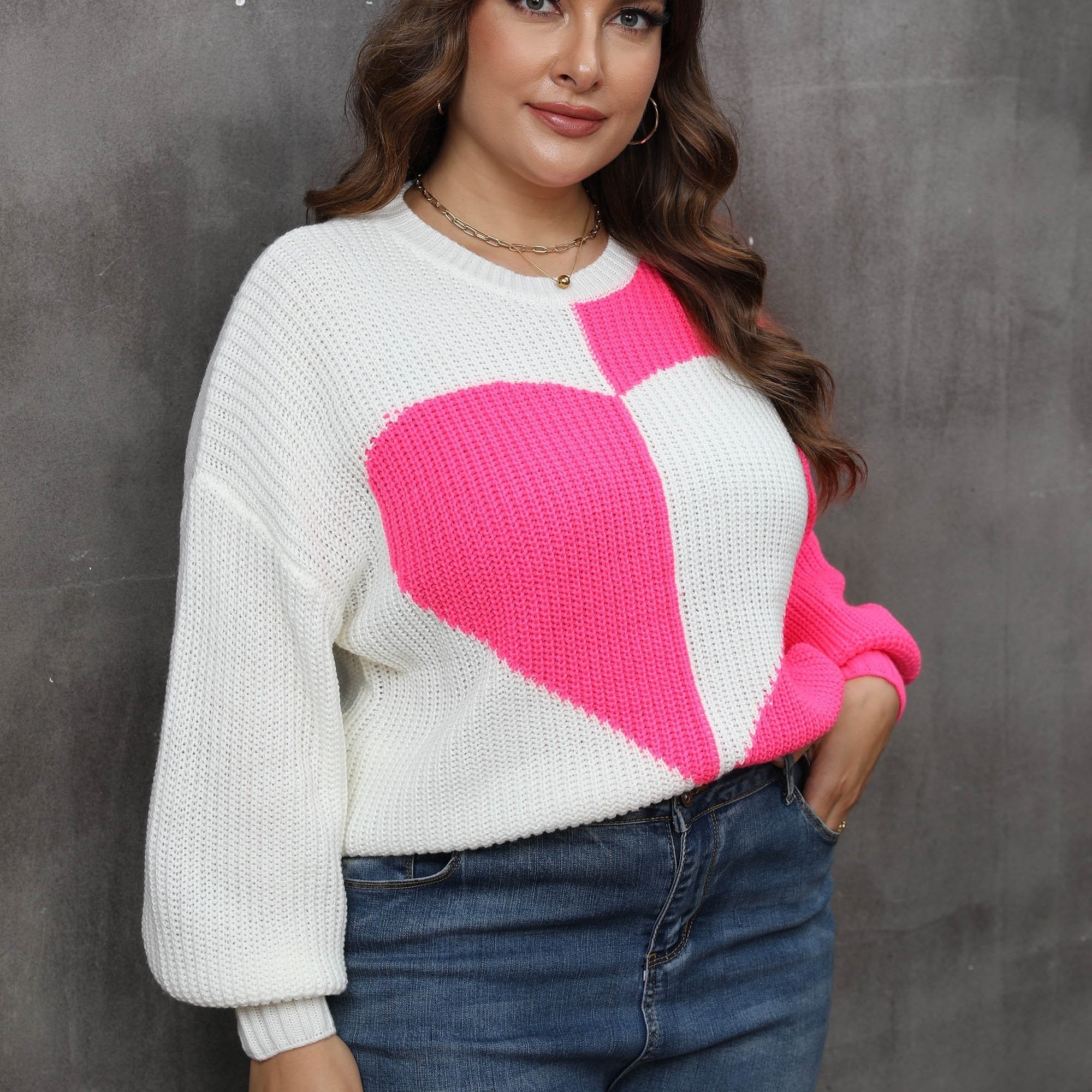  Colorblock Heart Print Round Neck Sweater