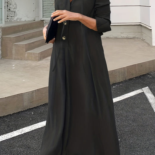  V Neck Button Up Shirt Dress Long Sleeve