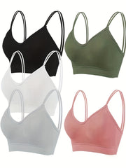 5pcs Ribbed Wireless Bras Double Straps Breathable Lingerie & Underwear