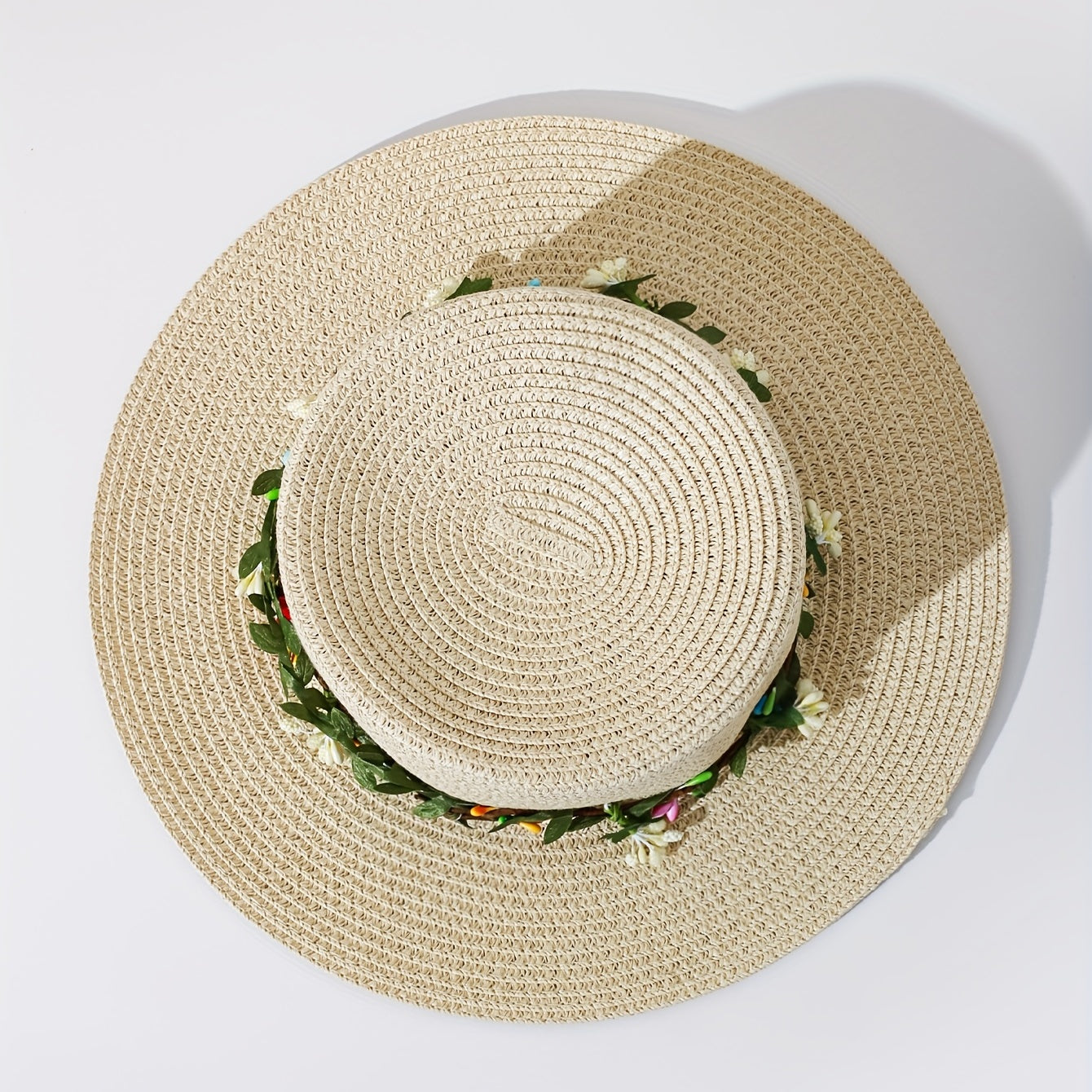 Green Garland Braided Sun Hat Easter Beige Straw Hat Flat Top Fedora Cap