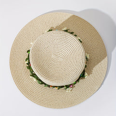 Green Garland Braided Sun Hat Easter Beige Straw Hat Flat Top Fedora Cap