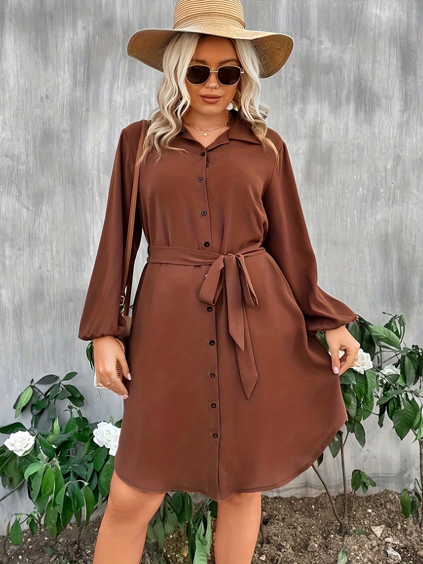  Solid Long Sleeve Button Up Shirt Dress