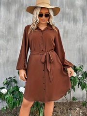  Solid Long Sleeve Button Up Shirt Dress