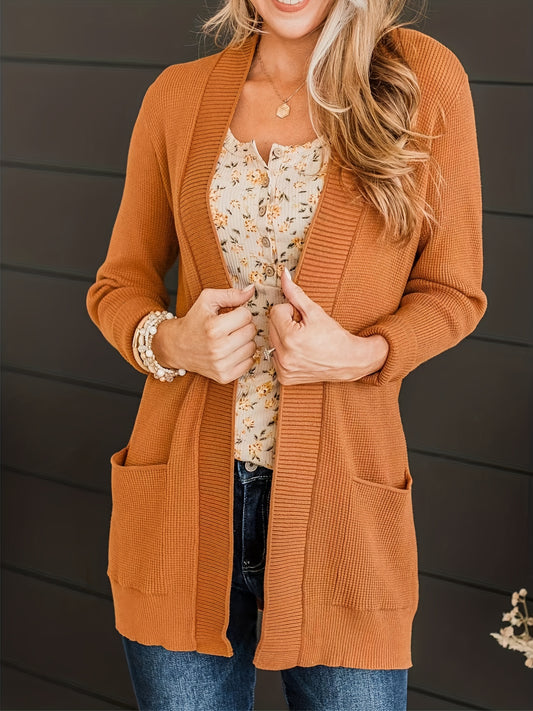  Solid Long Sleeve Open Front Knit Cardigan With Pockets