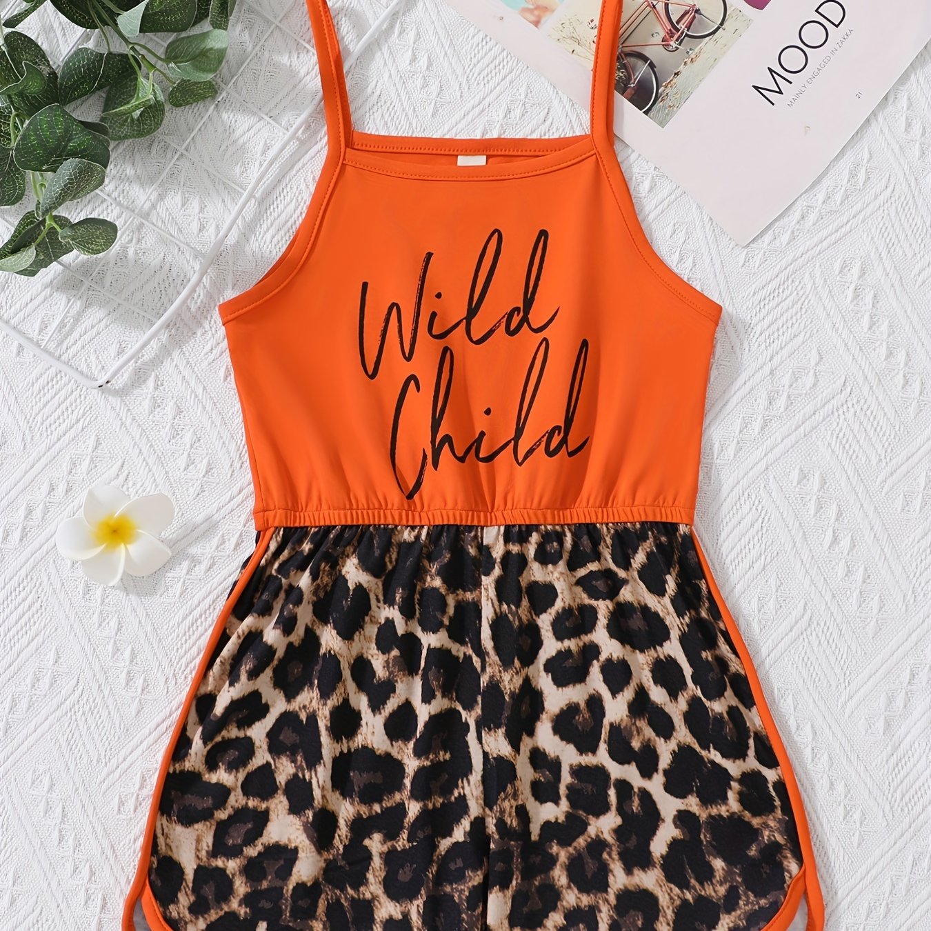 Girls Leopard Stitching Cami Romper & Fit Kids Short Jumpsuit