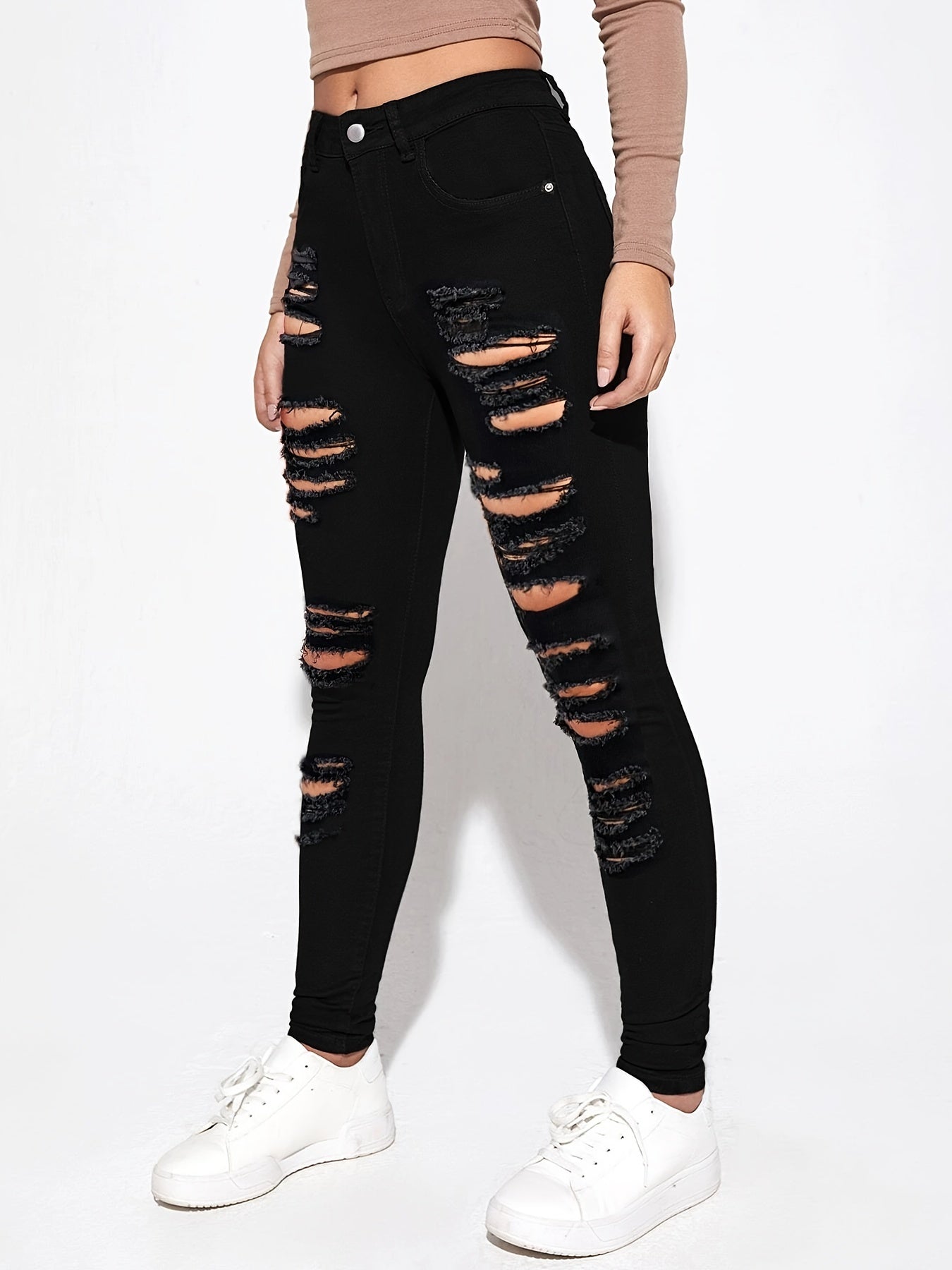High Waist Skinny Jeans Distressed Denim Pants