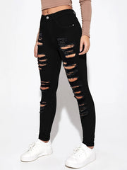 High Waist Distressed Skinny Jeans Ripped Holes Slim Fit Denim Pants