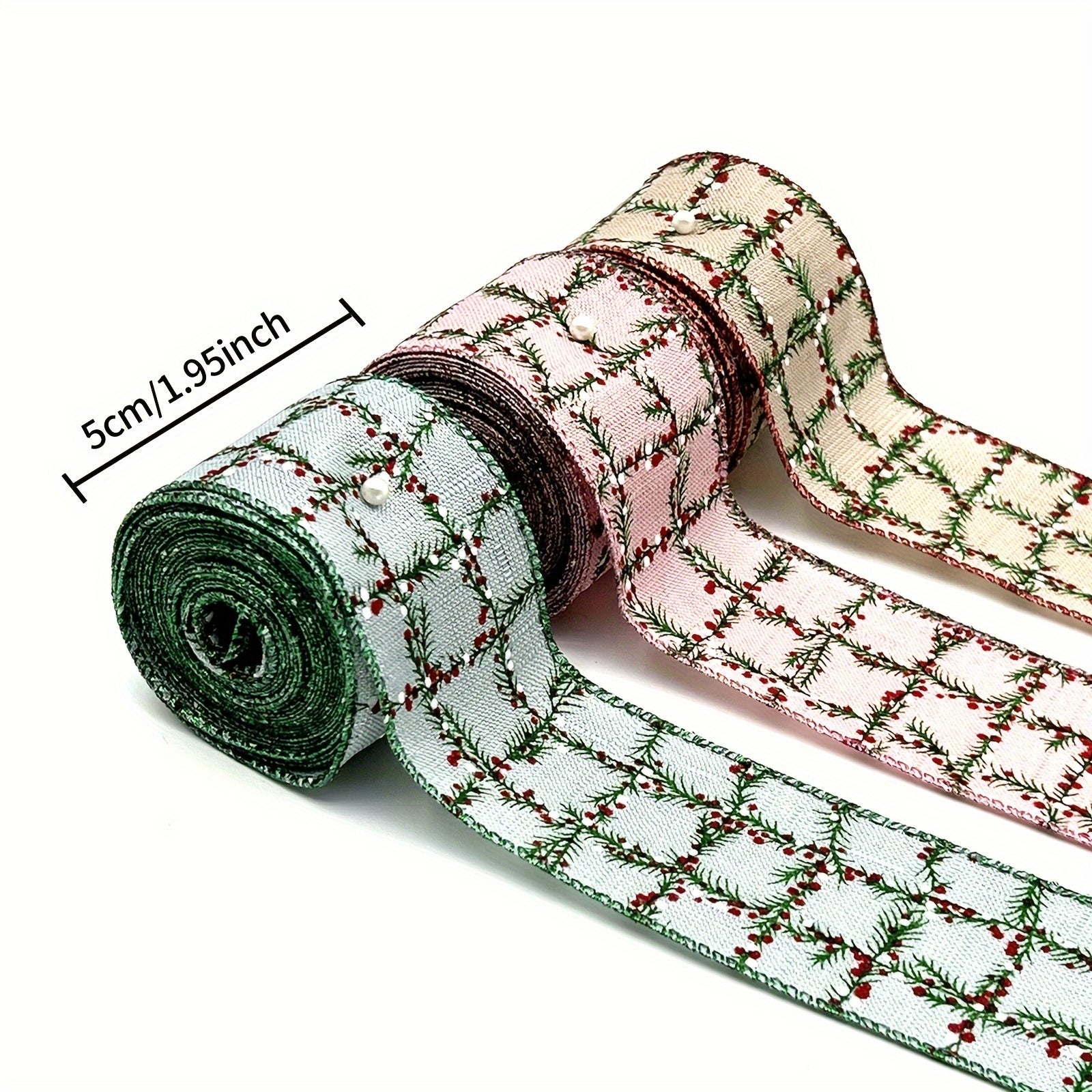1pc 4 57 Meter Christmas Wired Edge Ribbon Green Twig Checked Pattern