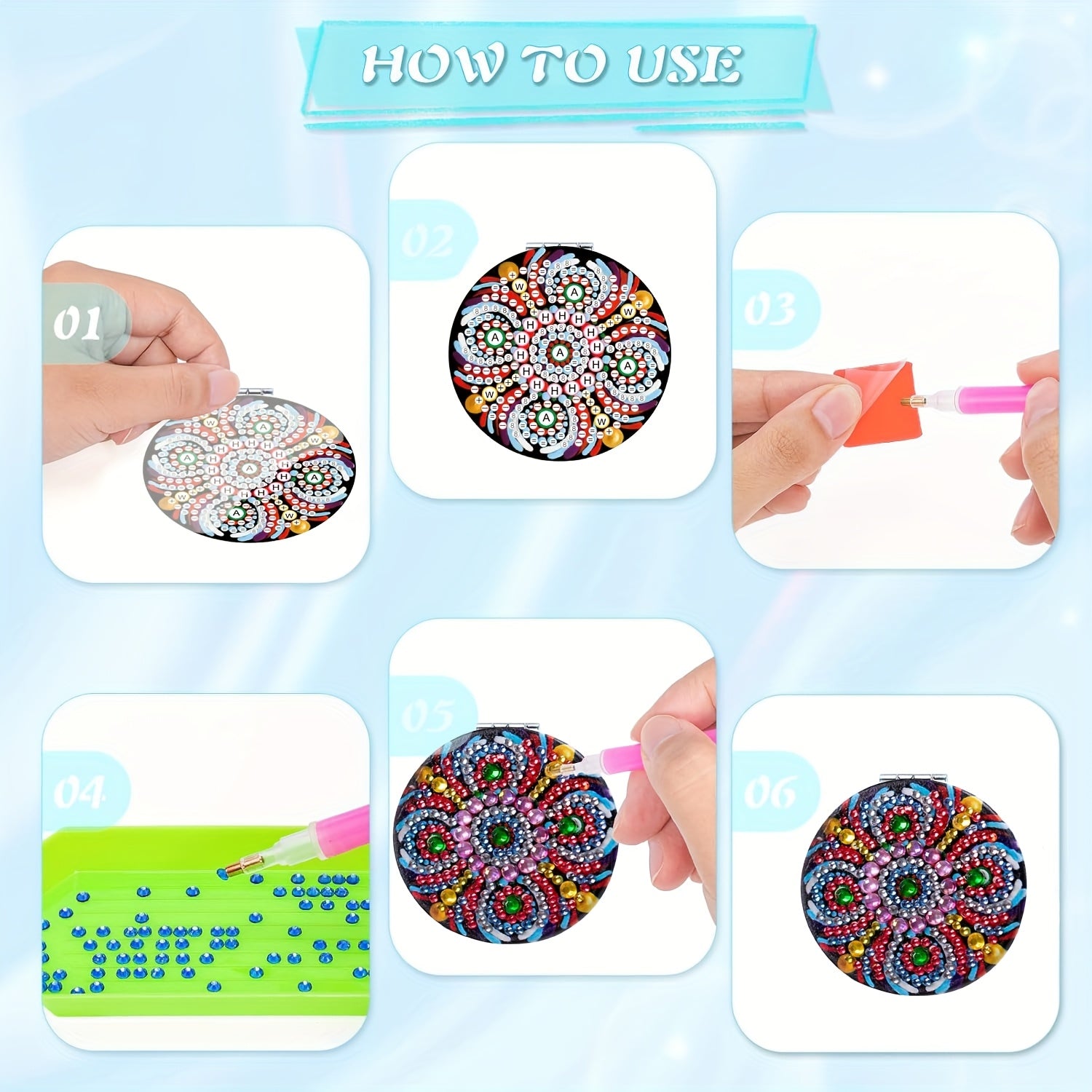 2pcs Floral Diamond Painting Makeup Mirror Double Sided