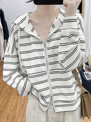 Striped Hoodie Print Zip Up Sweatshirt Spring & Fall Women's Clothing