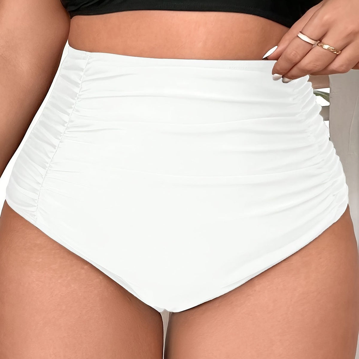  Solid Ruched Tummy Control Bikini Bottoms Women's Beachwear Panty
