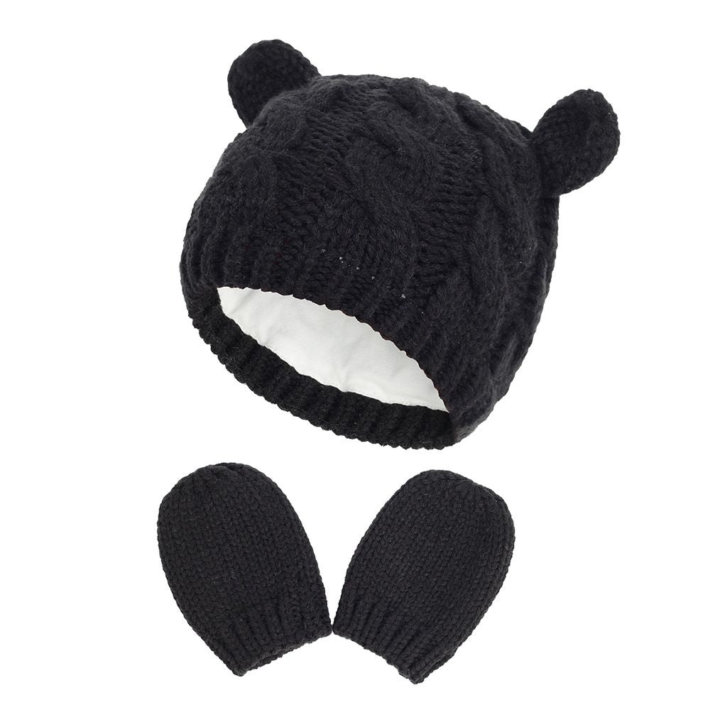 Newborn Infant Ear Knitted Beanie Hat Warm Winter Cap & Mittens Gloves Set