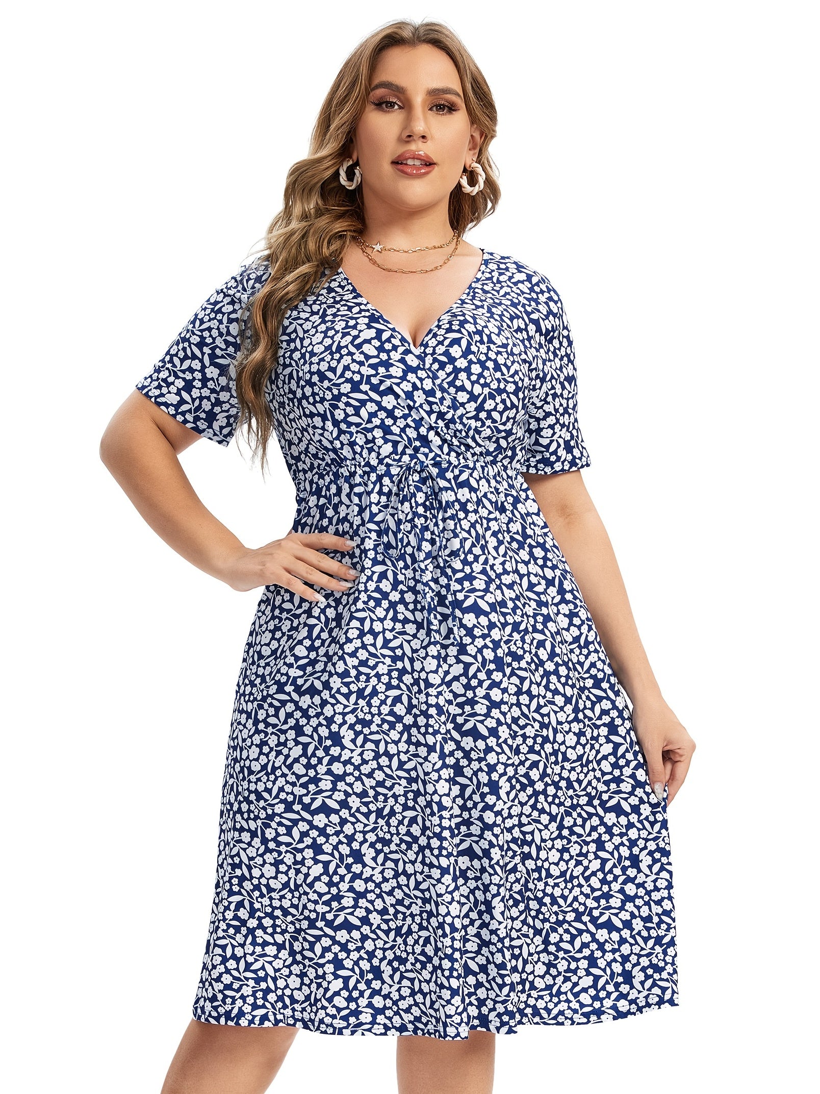  Ditsy Floral Print V Neck Drawstring Dress