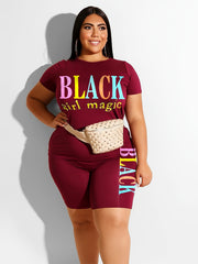  Letter Print Tee & Shorts Set Women's Plus Casual 2pcs