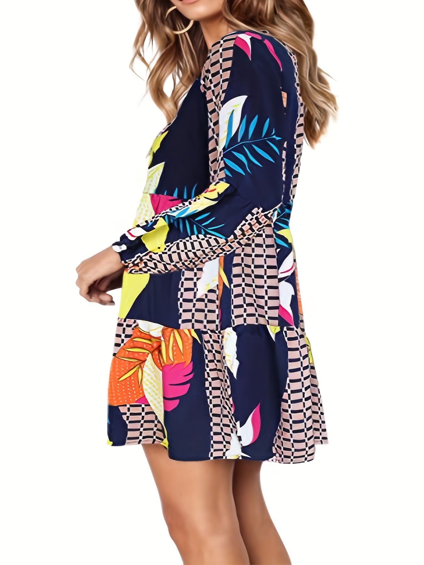  Colorblock Gingham & Tropical Print V Neck Mini Dress