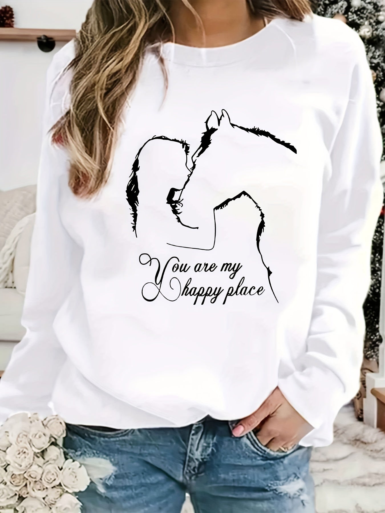 Horse Print Sweatshirt Long Sleeve Crew Neck Casual Sweatshirt